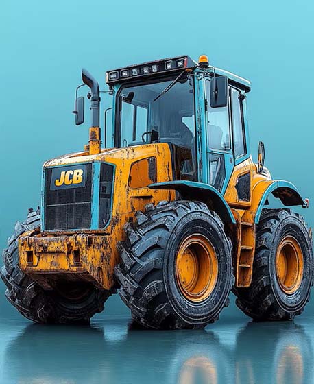 Tractor JCB amarillo y azul con señales de uso en un entorno industrial.